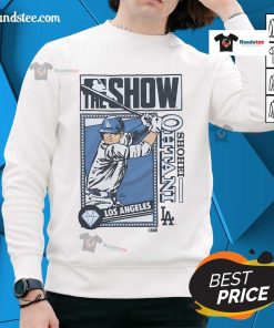 Alt Text: Cozy Nice MLB The Show Dodgers sweatshirt featuring Shohei Ohtani, perfect for baseball fans and gamers alike.