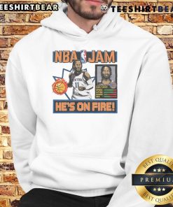 Alt Text: Jalen Brunson wearing a stylish Knicks hoodie inspired by NBA Jam, showcasing vibrant colors and team spirit.