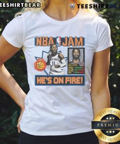 Alt Text: Ladies' tee featuring Jalen Brunson from the Knicks in a stylish NBA Jam design for fans and fashion lovers.