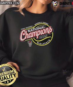 2025 NCAA Women's Tennis National Champions sweatshirt featuring NC State Wolfpack logo and vibrant red design.