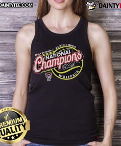 2025 NCAA Women's Tennis National Champions tank top featuring NC State Wolfpack logo and vibrant design.