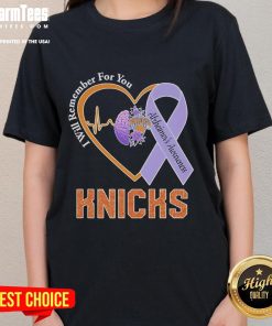 Heartfelt New York Knicks Alzheimer's Awareness tee for ladies featuring a heartbeat and brain design.