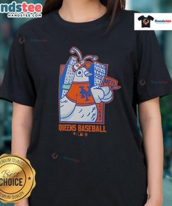 Alt Text: Queens baseball-themed ladies tee featuring a stylish New York Mets pigeon design for fans.