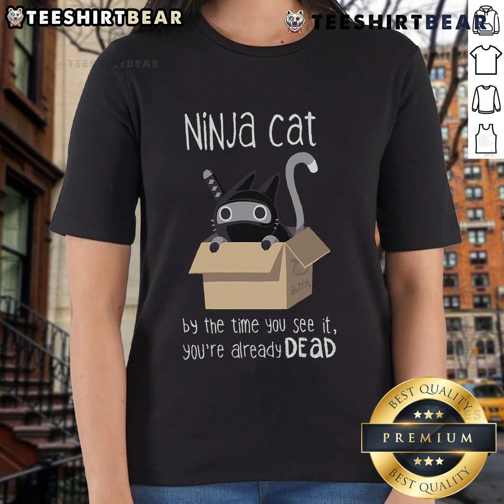 Nice Ninja Cat By The Time You See It You'Re Already Dead Ladies Tee Nice Ninja Cat graphic on a ladies tee, featuring the phrase 'By The Time You See It, You're Already Dead'.