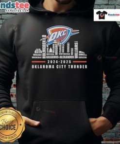 Alt Text: Stylish hoodie featuring the Oklahoma City Thunder skyline and city name for the 2024-2025 season.