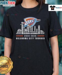 Alt Text: 2024-2025 skyline of Oklahoma City Thunder on a ladies tee, featuring vibrant city name design.