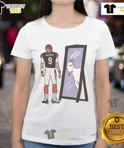 Nice Original Joe Burrow mirror GOAT Cincinnati football ladies tee featuring a stylish design for fans.
