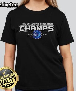 Alt Text: Nice Orlando Valkyries 2025 Champions Pro Volleyball Federation ladies tee featuring team colors and logo.