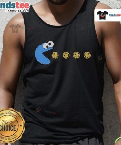 Pac-Man and Cookie Monster graphic tank top featuring vibrant colors, perfect for casual wear and retro gaming fans.