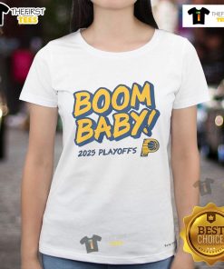 Nice Pacers Boom Baby 2025 Playoffs Ladies Tee featuring vibrant team colors and stylish design for fans.