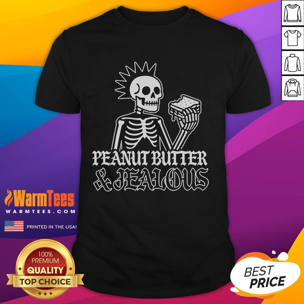 Nice Peanut Butter And Jealous Skeleton Metal T Shirt Alt Text: Cool Nice Peanut Butter And Jealous Skeleton Metal T-Shirt featuring a skeleton design and vibrant colors.