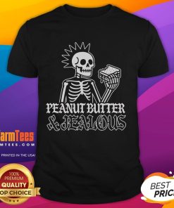 Alt Text: Cool Nice Peanut Butter And Jealous Skeleton Metal T-Shirt featuring a skeleton design and vibrant colors.