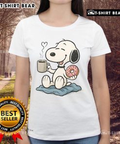 Cute ladies tee featuring Snoopy with a donut and coffee, perfect for peanut lovers and casual wear.