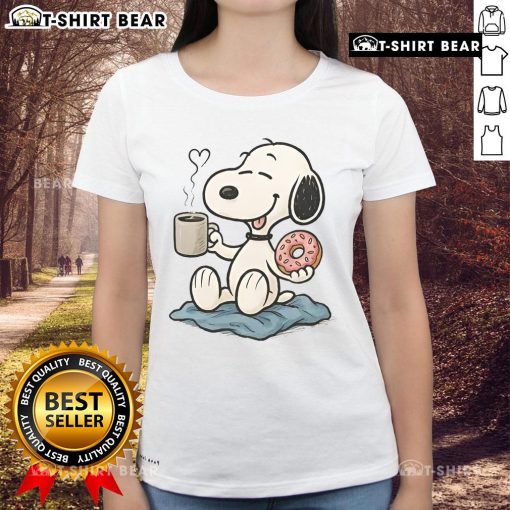 Cute ladies tee featuring Snoopy with a donut and coffee, perfect for peanut lovers and casual wear.