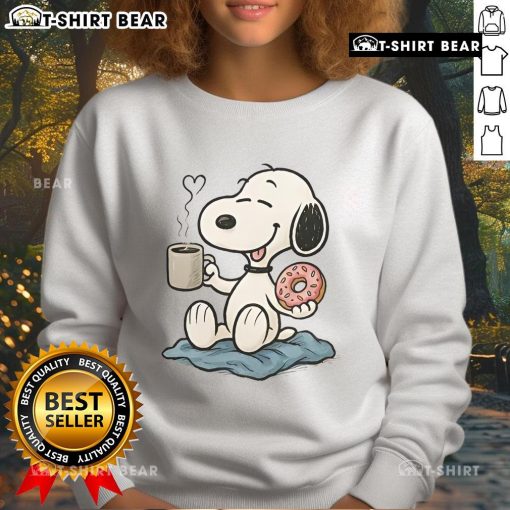 Alt Text: Cozy Nice Peanuts donut coffee Snoopy sweatshirt featuring colorful graphics for fans of the Peanuts cartoon.
