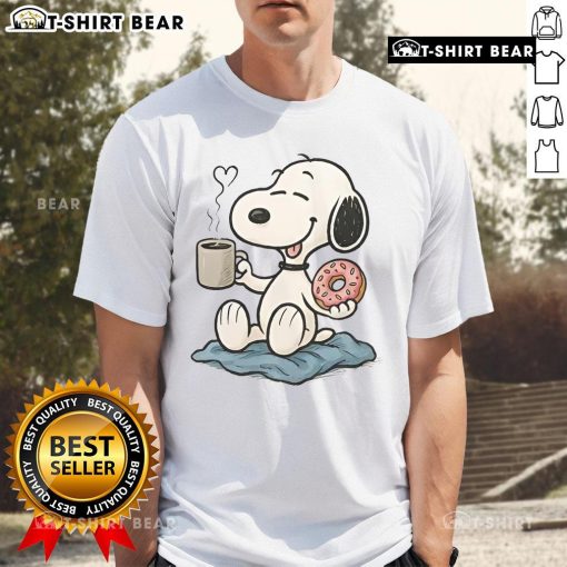 Alt Text: Nice Peanuts Donut Coffee Snoopy T-Shirt featuring a playful Snoopy design with donuts and coffee elements.
