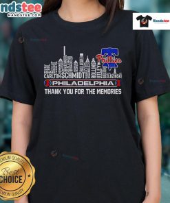 Philadelphia Phillies skyline ladies tee featuring 'Thank You For The Memories' design, perfect for fans and city lovers.