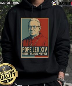 Alt Text: Cozy hoodie featuring artwork of Pope Leo XIV by Robert Francis Prevost, perfect for stylish religious apparel.