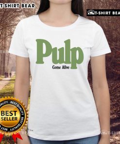 Ecru ladies tee featuring 'Nice Pulp Come Alive' design, perfect for casual wear and stylish outfits.