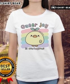 Nice Queer Joy Is Contagious Sugar and Sloth ladies tee featuring vibrant design celebrating LGBTQ+ pride and positivity.