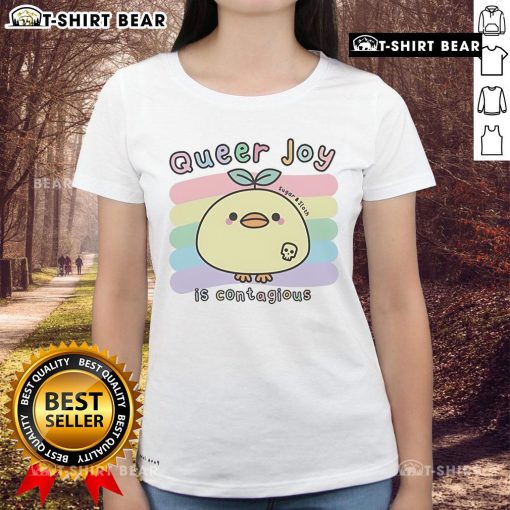 Nice Queer Joy Is Contagious Sugar and Sloth ladies tee featuring vibrant design celebrating LGBTQ+ pride and positivity.