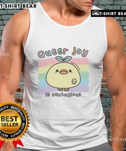 Alt Text: Colorful Sugar And Sloth tank top featuring the phrase 'Nice Queer Joy Is Contagious' in bold lettering.
