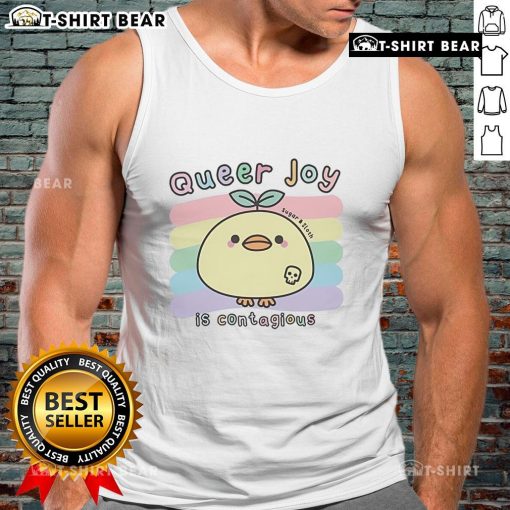 Alt Text: Colorful Sugar And Sloth tank top featuring the phrase 'Nice Queer Joy Is Contagious' in bold lettering.