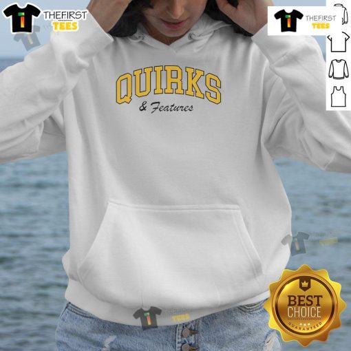 Cozy Nice Quirks and Features hoodie displayed on a hanger, showcasing its unique design and vibrant colors.