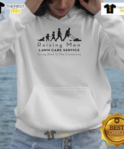 Nice Raising Men Lawn Care Service hoodie promoting community support and outreach efforts in a vibrant neighborhood setting.