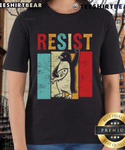 Nice Resist Resistance Penguin USA activism freedom protest ladies tee featuring a playful penguin design.