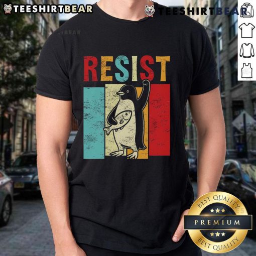 Nice Resist Resistance Penguin USA activism freedom protest t-shirt featuring a bold penguin graphic and vibrant colors.