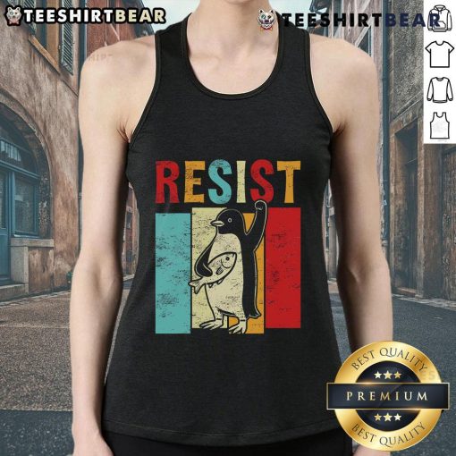 Activism-themed tank top featuring a penguin and 'Nice Resist Resistance' slogan for USA freedom protest fashion.
