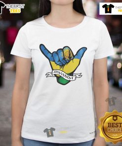 Rwanda flag design with Shaka hand symbol on a stylish ladies tee, perfect for celebrating Rwandan culture.
