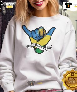 Rwanda flag design on a shaka hand symbol sweatshirt, perfect for showcasing love for Rwanda in style.