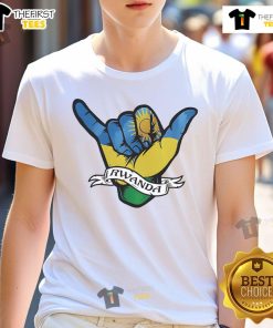 Nice Rwanda Flag Shaka Hand Symbol T-Shirt showcasing vibrant colors and a unique design representing Rwandan pride.