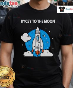 Nice Rycey To The Moon T-Shirt featuring a vibrant graphic design of a rocket and moon, perfect for space enthusiasts.