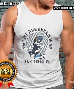 San Diego FC tank top featuring 'To Live and Dream in SD' design, perfect for fans and summer wear.