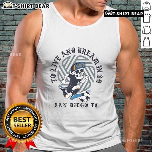 San Diego FC tank top featuring 'To Live and Dream in SD' design, perfect for fans and summer wear.