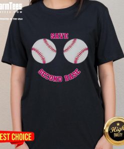 Womens Nice Save Second Base Tee featuring a playful baseball graphic, perfect for sports enthusiasts and casual wear.