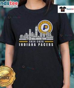 2024-2025 Indiana Pacers players' names on a stylish ladies' tee featuring a nice skyline design.