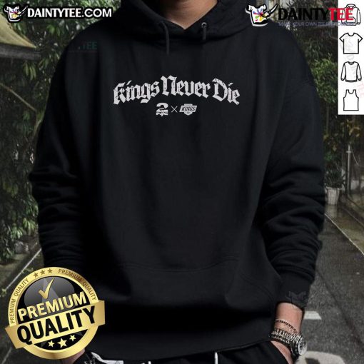 Alt Text: Snoop Dogg wearing a Kings Never Die hoodie featuring 2Pac, showcasing Los Angeles Kings pride and hip-hop culture.