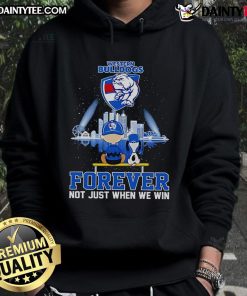 Alt Text: Snoopy and Charlie Brown graphic on Western Bulldogs hoodie, celebrating team spirit: 'Forever, Not Just When We Win.'