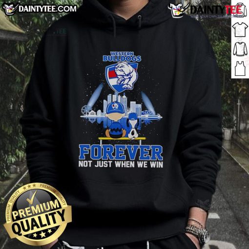 Alt Text: Snoopy and Charlie Brown graphic on Western Bulldogs hoodie, celebrating team spirit: 'Forever, Not Just When We Win.'