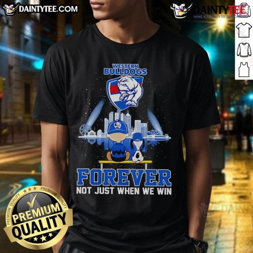 Snoopy and Charlie Brown graphic on a Western Bulldogs Forever T-shirt, celebrating loyalty and team spirit.