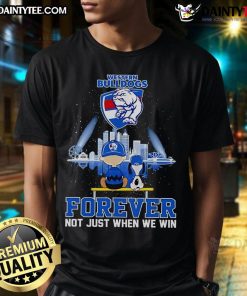 Snoopy and Charlie Brown graphic on a Western Bulldogs Forever T-shirt, celebrating loyalty and team spirit.