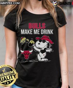 Alt Text: Ladies tee featuring Snoopy and Woodstock with Chicago Bulls logo and the phrase 'Make Me Drink' for stylish fans.