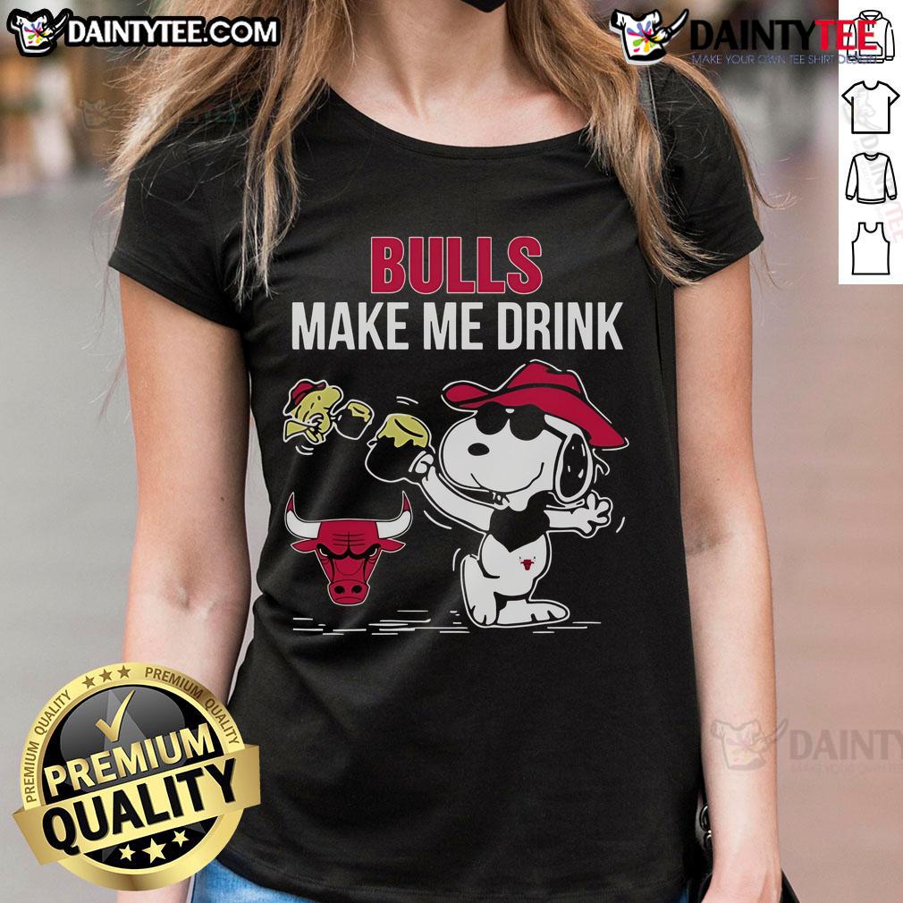 Nice Snoopy And Woodstock Chicago Bulls Make Me Drink Ladies Tee Alt Text: Ladies tee featuring Snoopy and Woodstock with Chicago Bulls logo and the phrase 'Make Me Drink' for stylish fans.