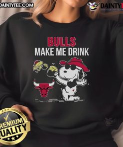Cozy 'Nice Snoopy and Woodstock Chicago Bulls Make Me Drink' sweatshirt featuring iconic characters in team colors.