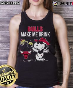 Alt Text: Snoopy and Woodstock in Chicago Bulls tank top with 'Make Me Drink' slogan, perfect for casual summer wear.