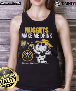 Snoopy and Woodstock graphic on a Denver Nuggets tank top with 'Make Me Drink' text for fans and collectors.